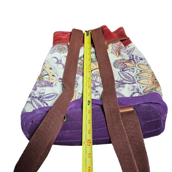 Lucky Brand Cinch Tie Backpack Bag Paisley Canvas Suede Leather 16 X 14 - Picture 5 of 9